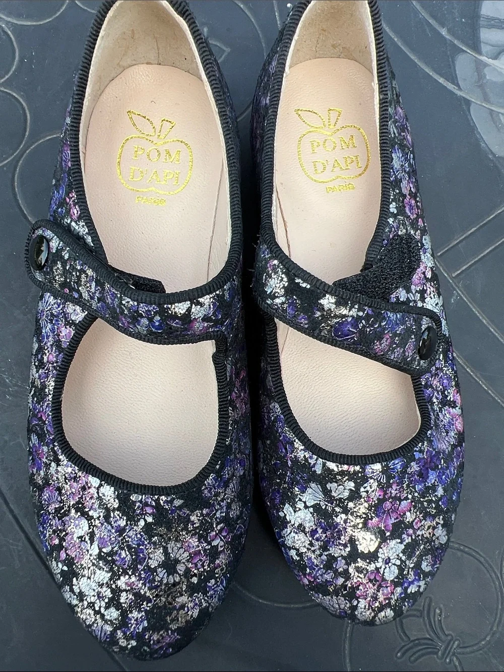 Pom D'Api Black Floral Mary Jane Flats with Purple & Silver Accents
